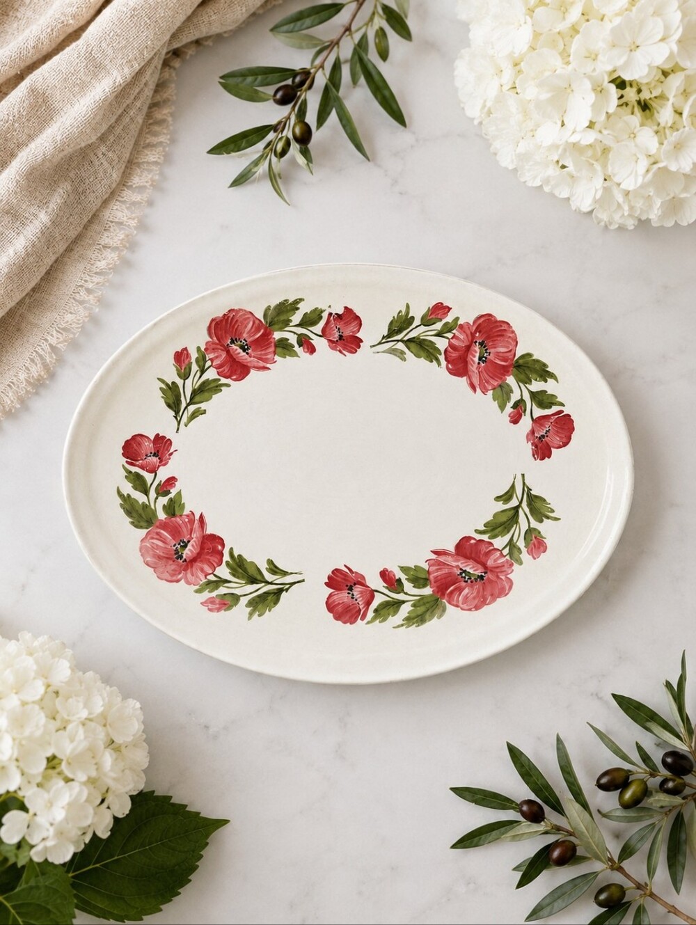 Shenandoah Ware Poppy Floral Oval Serving Platter Vintage USA Red Green Cream